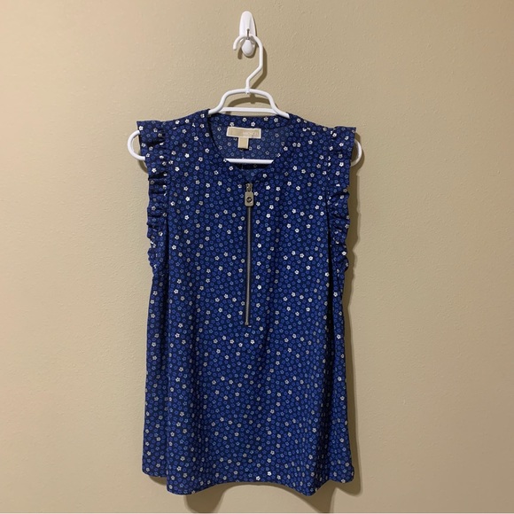 Michael Kors Flower Print Ruffle Trim Sleeveless Blouse-Size L NWT